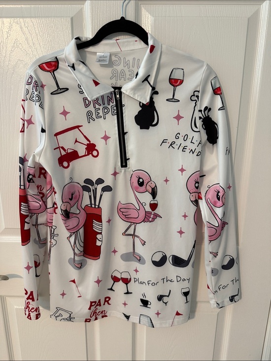 Tops - Women's White Long-Sleeve Golf Polo with Pink Flamingo Print